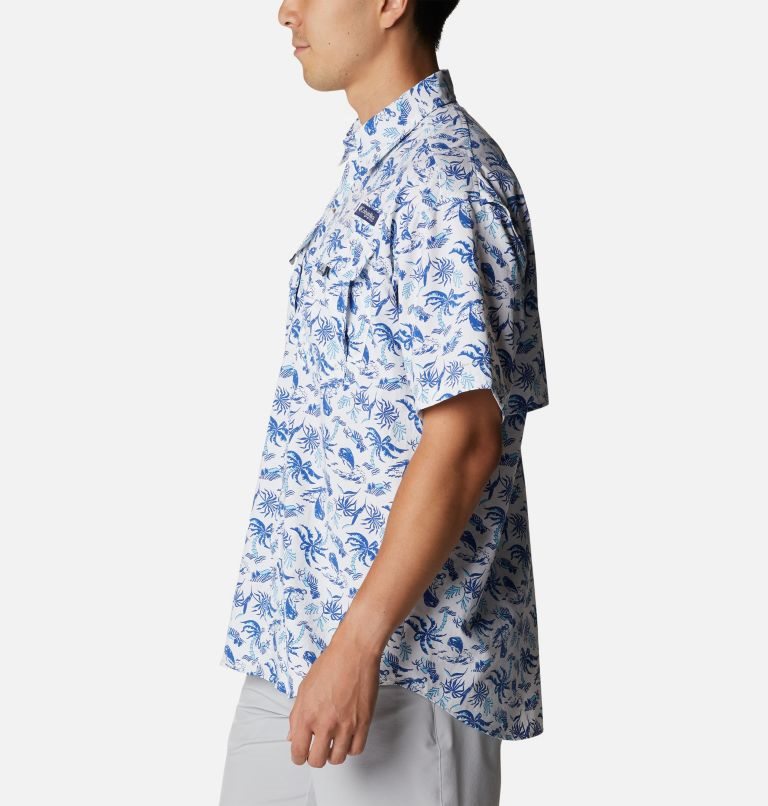 Men's Columbia PFG Super Bahama Short Sleeve Shirts White / Blue | CA-UAC53