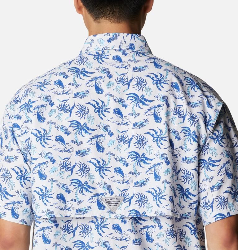 Men's Columbia PFG Super Bahama Short Sleeve Shirts White / Blue | CA-UAC53