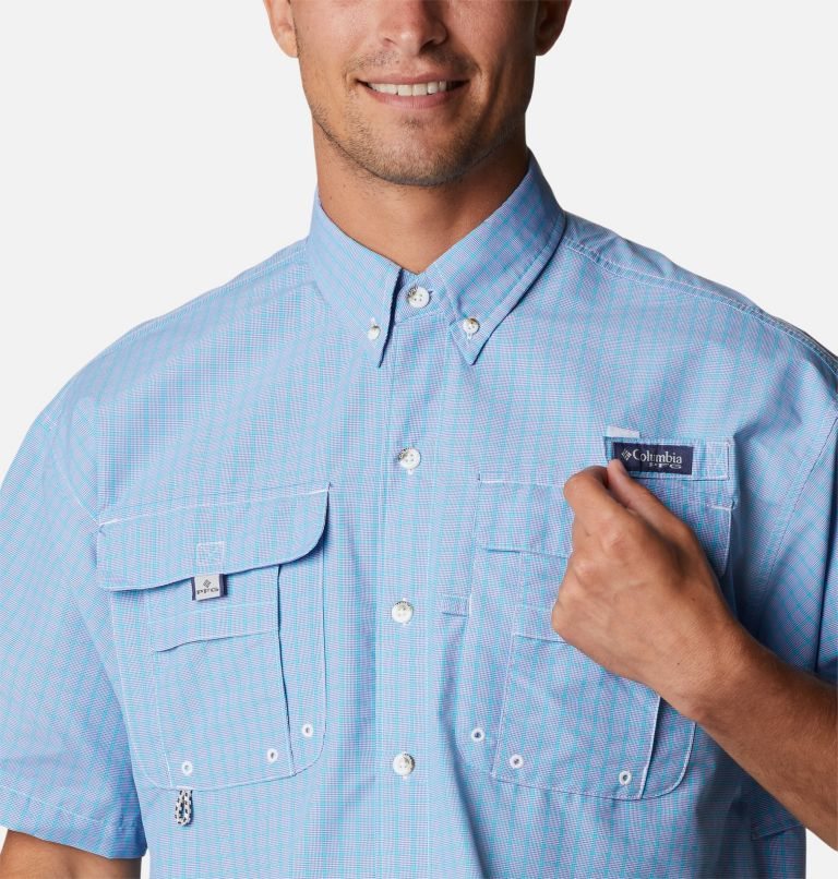 Men's Columbia PFG Super Bahama Short Sleeve Shirts Light Blue | CA-ULA84