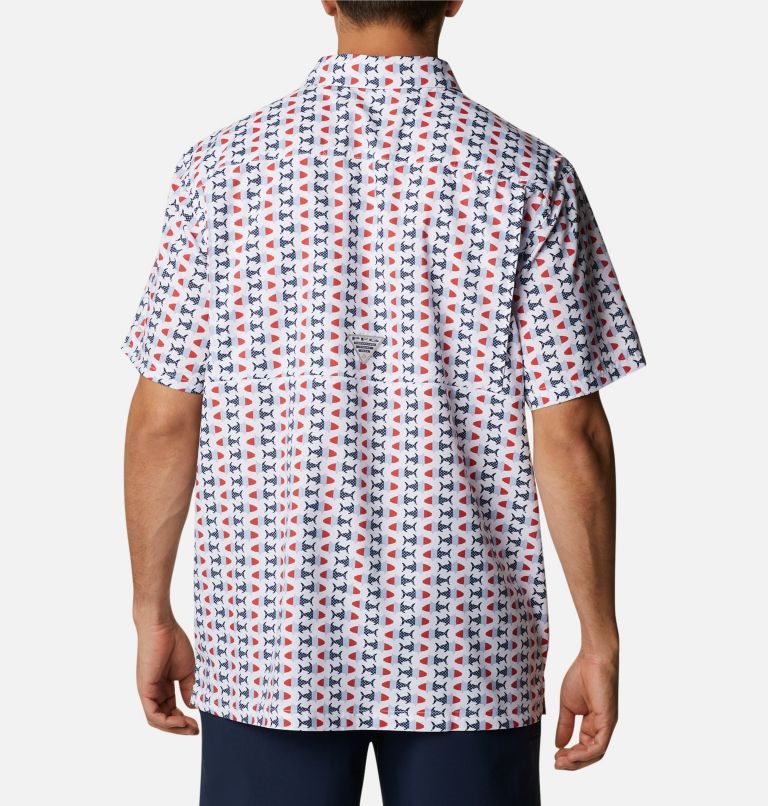 Men's Columbia PFG Super Slack Tide Camp Shirts White / Red / Blue | CA-YA1C4