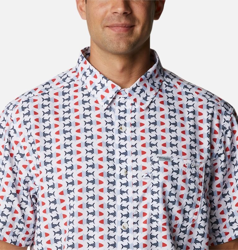 Men's Columbia PFG Super Slack Tide Camp Shirts White / Red / Blue | CA-YA1C4