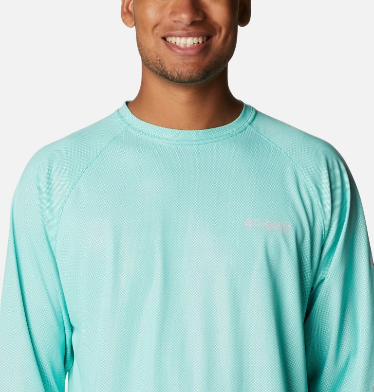 Men's Columbia PFG Terminal Deflector Long Sleeve Sweatshirts Turquoise | CA-O8C61