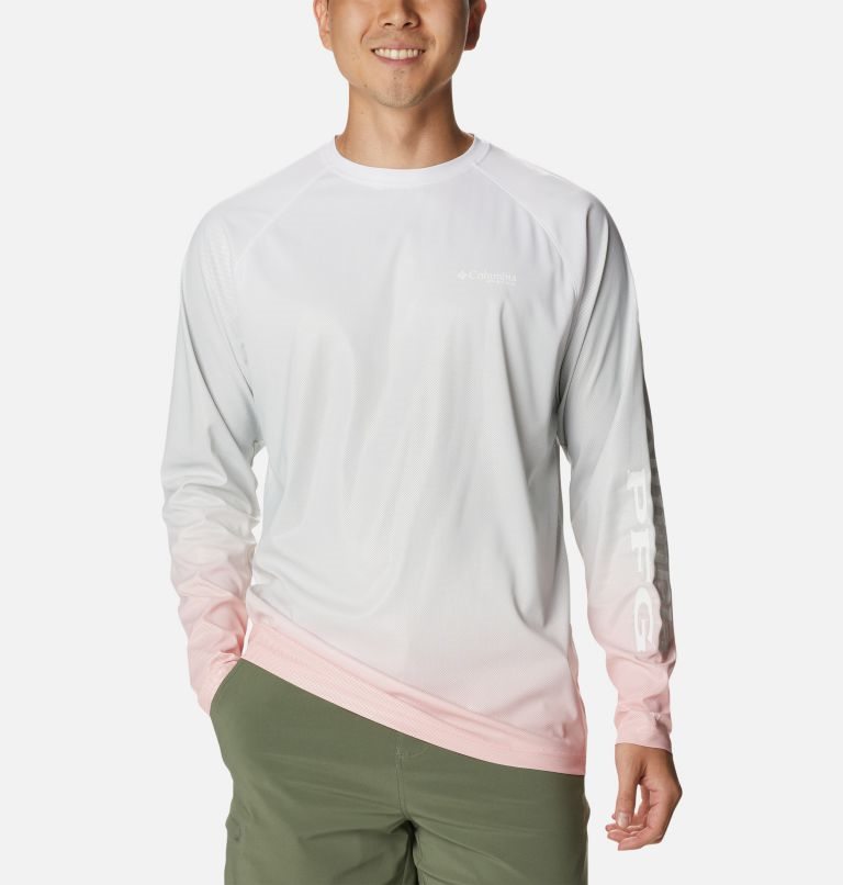 Men\'s Columbia PFG Terminal Deflector Printed Long Sleeve Sweatshirts White | CA-W6C1L