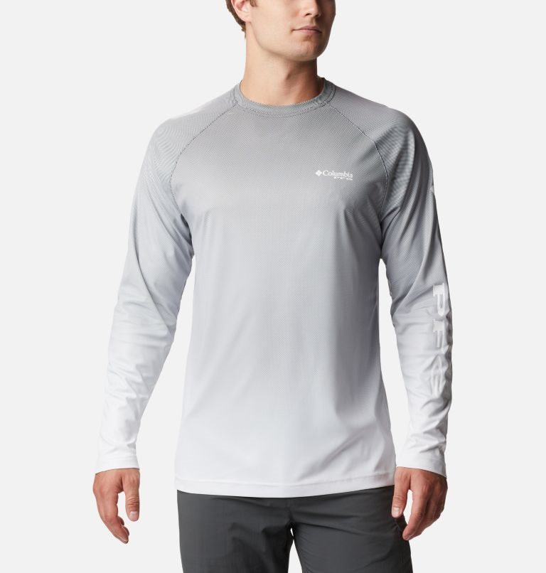 Men\'s Columbia PFG Terminal Deflector Printed Long Sleeve Sweatshirts Light Grey | CA-Z3A16