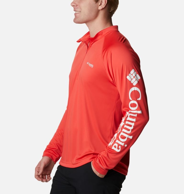 Men's Columbia PFG Terminal Tackle 1/4 Zip Sweatshirts Red | CA-Z1A35