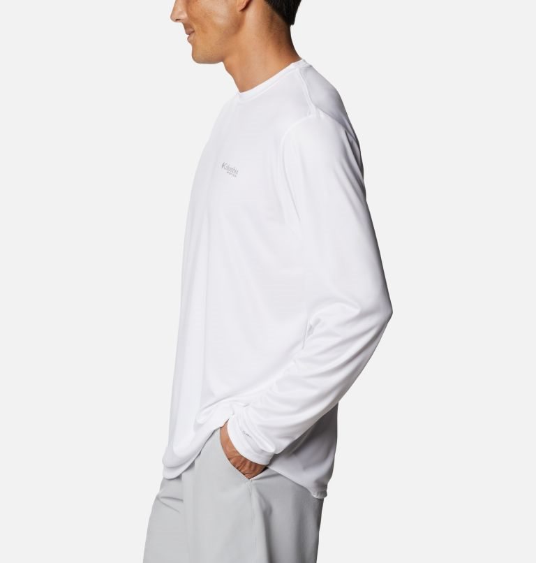 Men's Columbia PFG Terminal Tackle Carey Chen Long Sleeve Sweatshirts White | CA-BL615