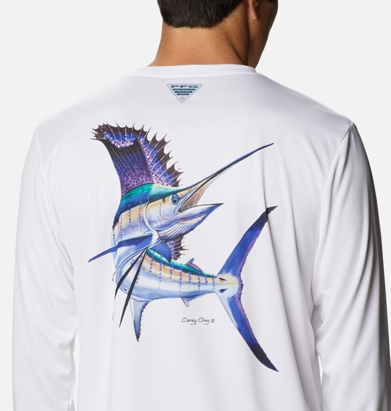 Men's Columbia PFG Terminal Tackle Carey Chen Long Sleeve Sweatshirts White | CA-BL615