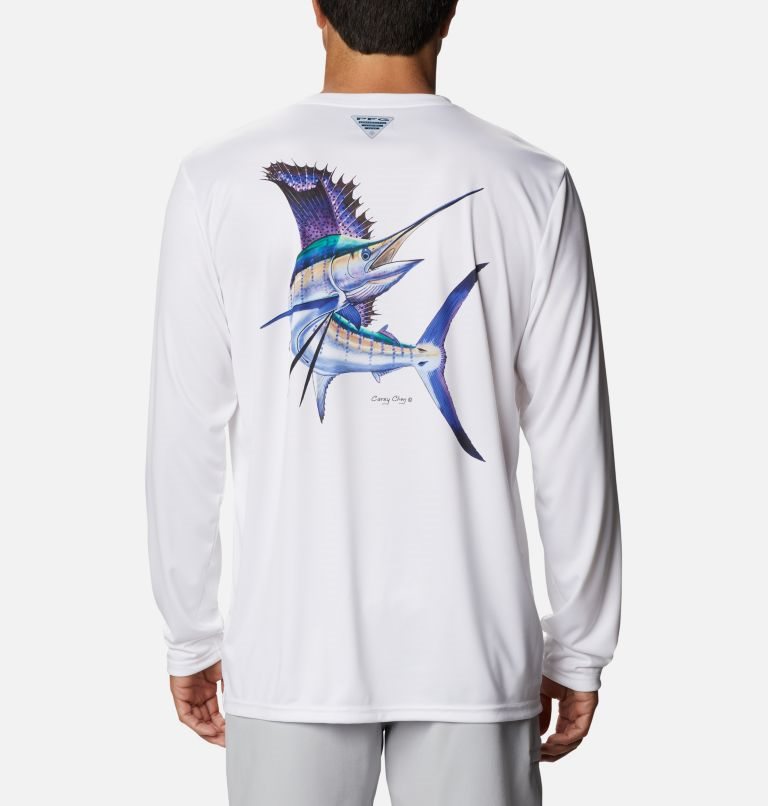 Men\'s Columbia PFG Terminal Tackle Carey Chen Long Sleeve Sweatshirts White | CA-BL615