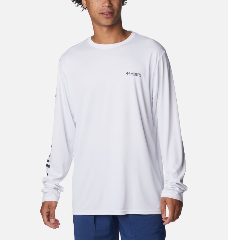 Men's Columbia PFG Terminal Tackle Carey Chen Long Sleeve Sweatshirts White | CA-FLA86