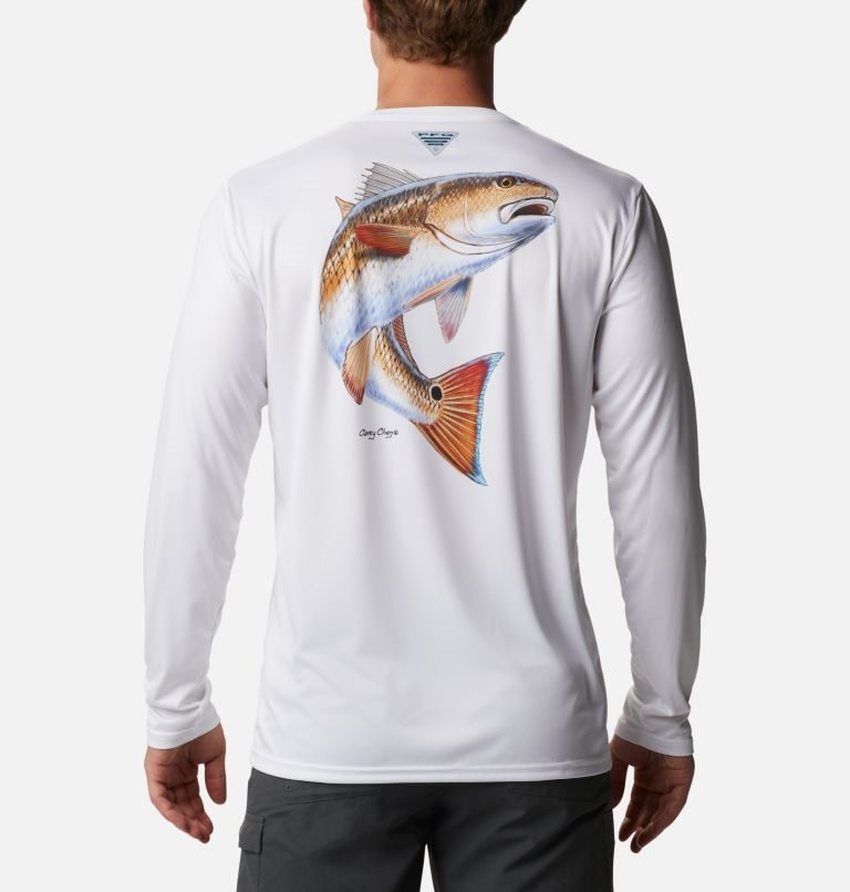 Men\'s Columbia PFG Terminal Tackle Carey Chen Long Sleeve Sweatshirts White | CA-K3L0C
