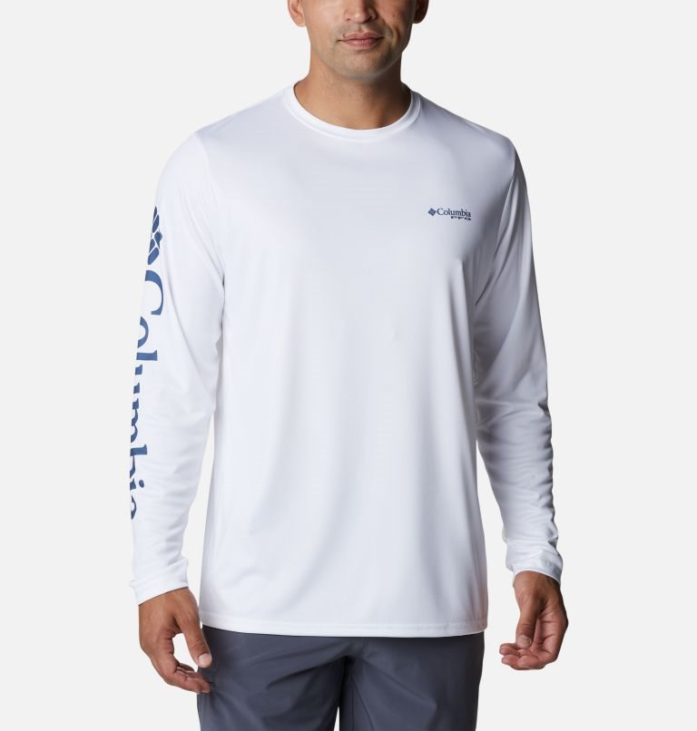 Men's Columbia PFG Terminal Tackle Carey Chen Long Sleeve Sweatshirts White | CA-N0CAL