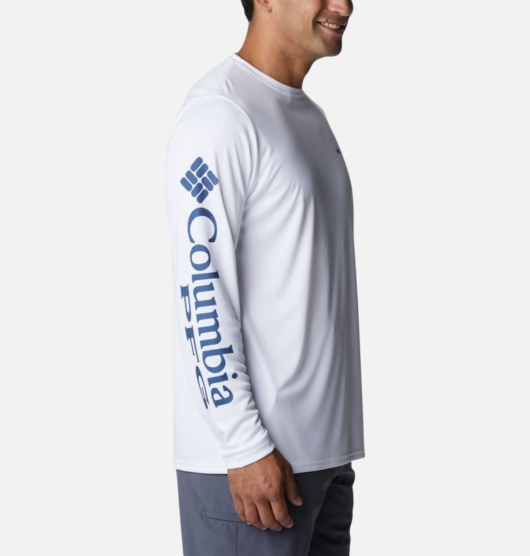 Men's Columbia PFG Terminal Tackle Carey Chen Long Sleeve Sweatshirts White | CA-N0CAL