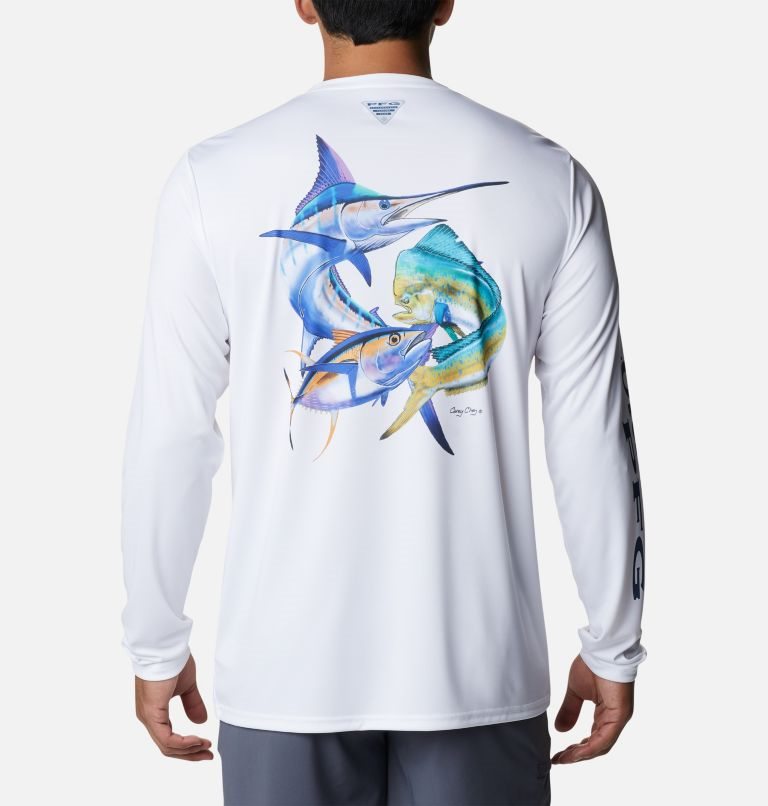 Men\'s Columbia PFG Terminal Tackle Carey Chen Long Sleeve Sweatshirts White | CA-N0CAL