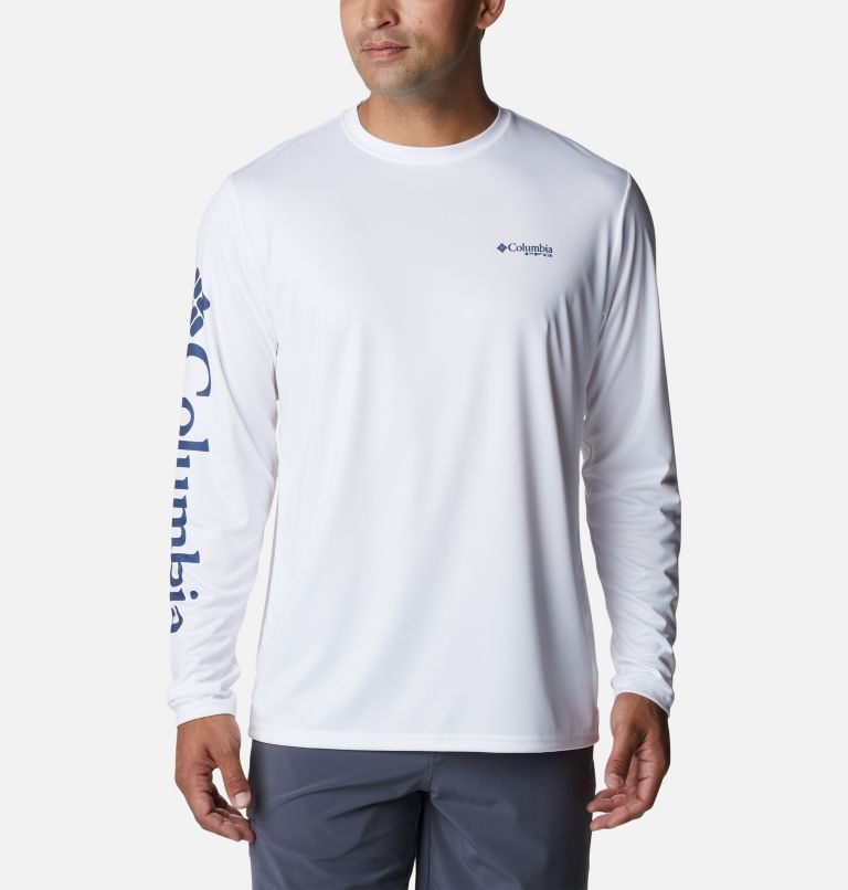 Men's Columbia PFG Terminal Tackle Carey Chen Long Sleeve Sweatshirts White | CA-WCL3A