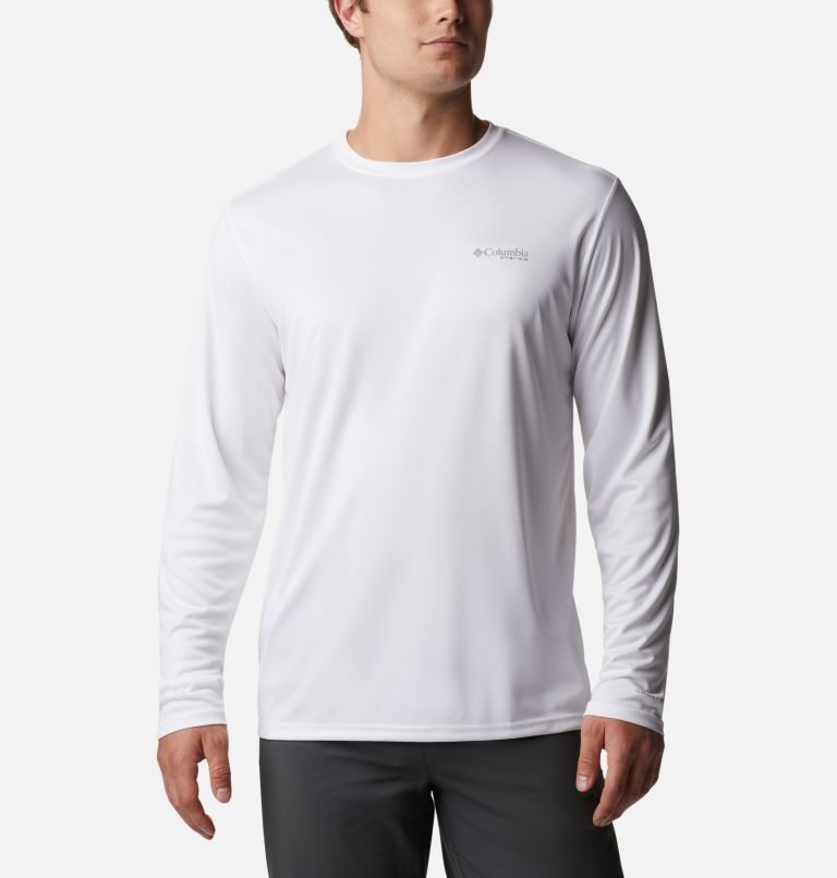 Men's Columbia PFG Terminal Tackle Carey Chen Long Sleeve Sweatshirts White | CA-X45L8