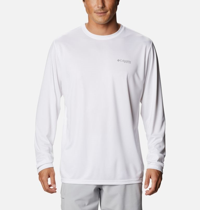 Men's Columbia PFG Terminal Tackle Carey Chen Long Sleeve Sweatshirts White | CA-Y0ACL