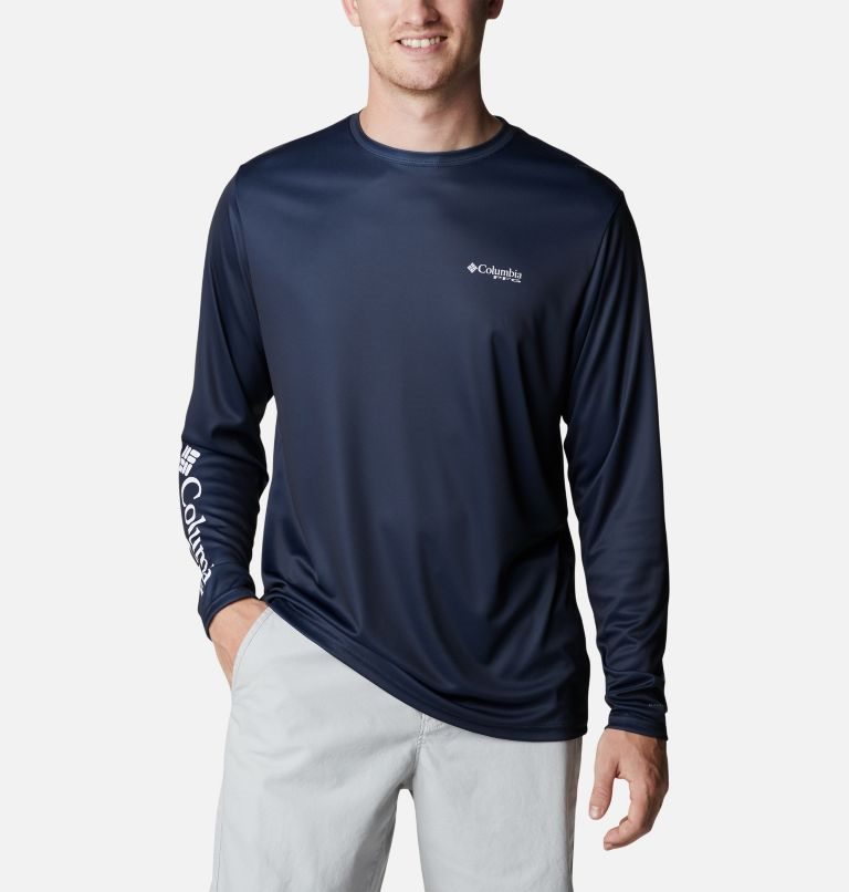 Men's Columbia PFG Terminal Tackle First On The Water Classic Long Sleeve Sweatshirts Navy | CA-H6AL3