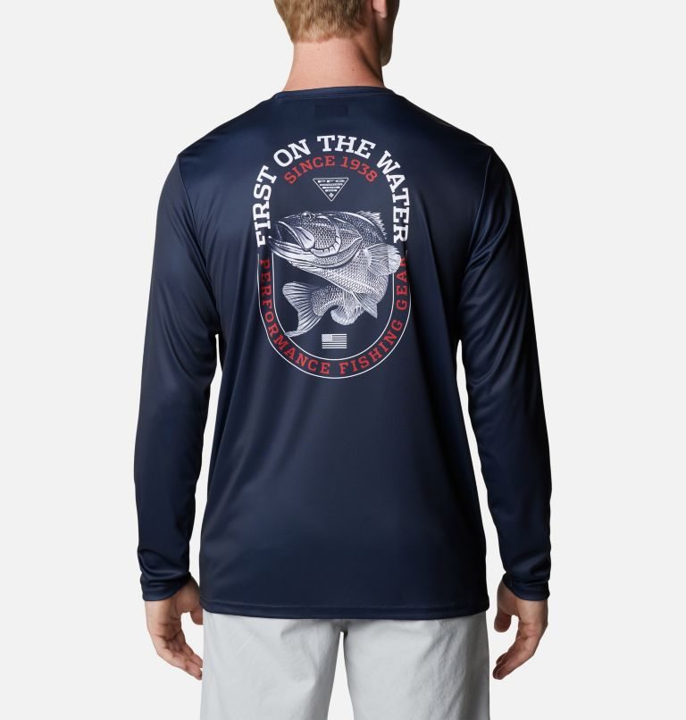 Men\'s Columbia PFG Terminal Tackle First On The Water Classic Long Sleeve Sweatshirts Navy | CA-H6AL3