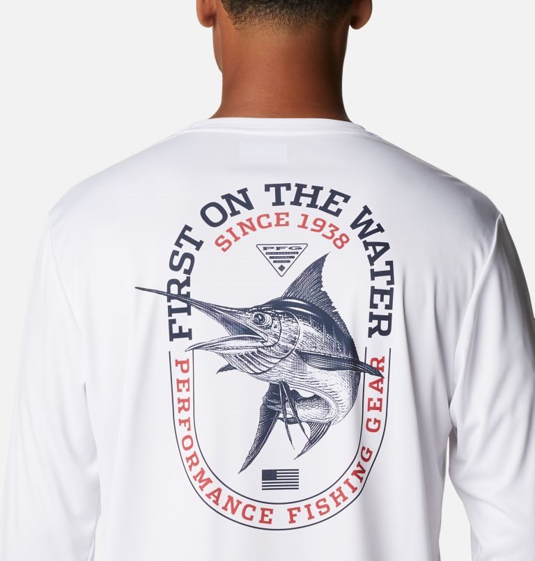 Men's Columbia PFG Terminal Tackle First On The Water Classic Long Sleeve Sweatshirts White | CA-OA35L