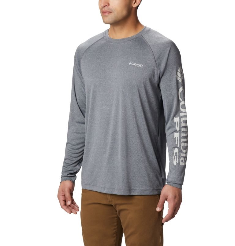 Men\'s Columbia PFG Terminal Tackle Heather Long Sleeve Sweatshirts Grey | CA-L30C6
