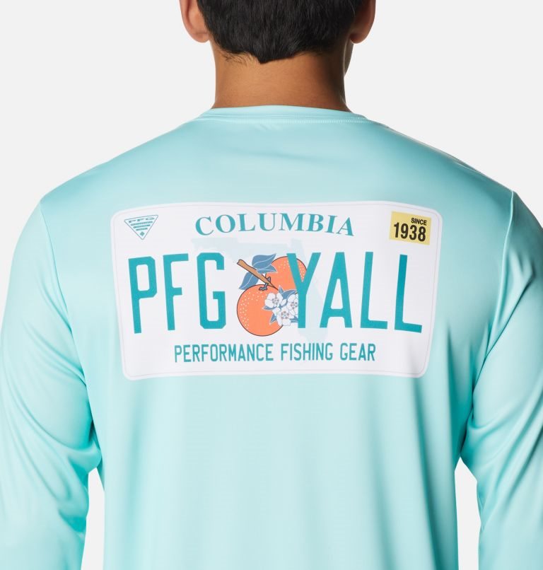 Men's Columbia PFG Terminal Tackle License Plate Long Sleeve Sweatshirts Turquoise | CA-P6814