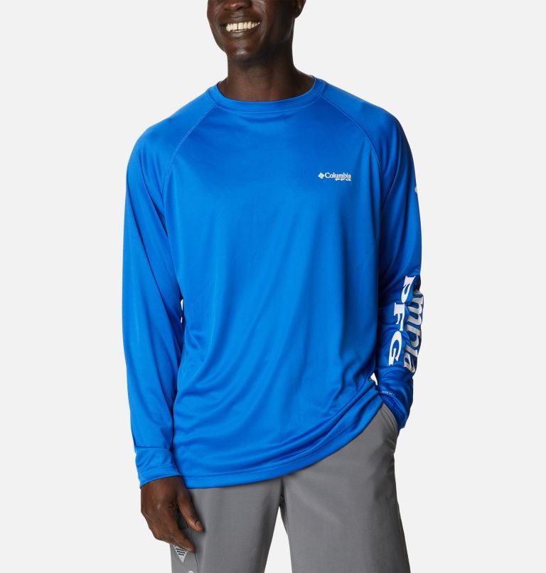 Men's Columbia PFG Terminal Tackle Long Sleeve Sweatshirts Blue | CA-J35A0