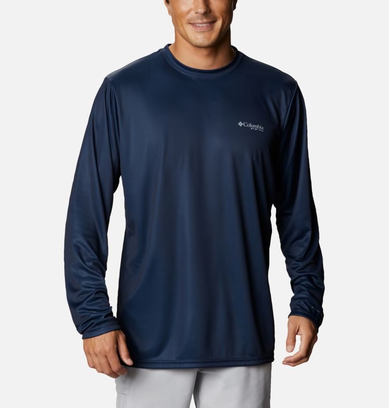 Men's Columbia PFG Terminal Tackle State Triangle Long Sleeve Sweatshirts Navy | CA-I561C