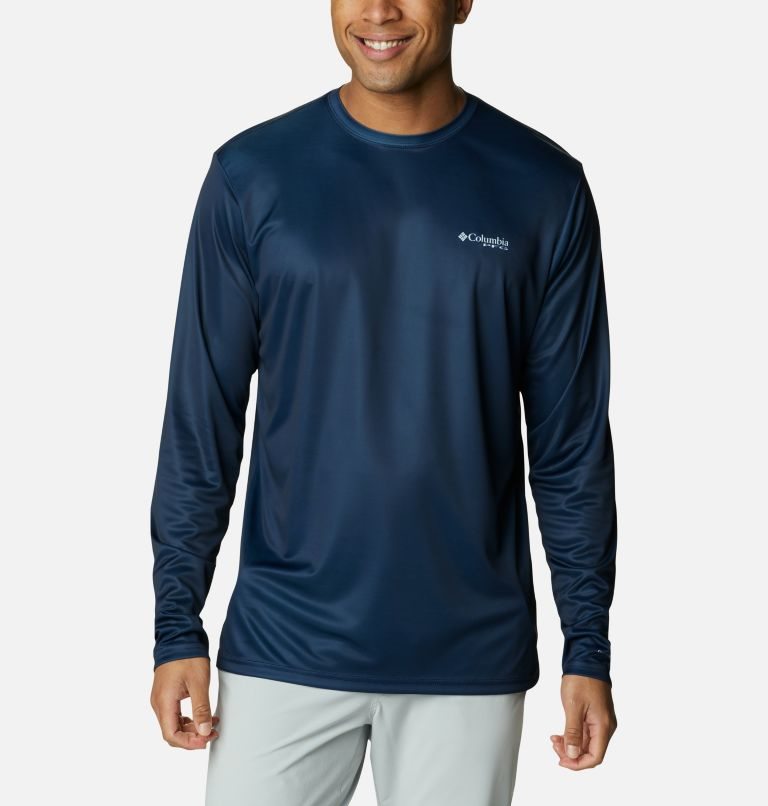 Men's Columbia PFG Terminal Tackle State Triangle Long Sleeve Sweatshirts Navy | CA-V6AC1