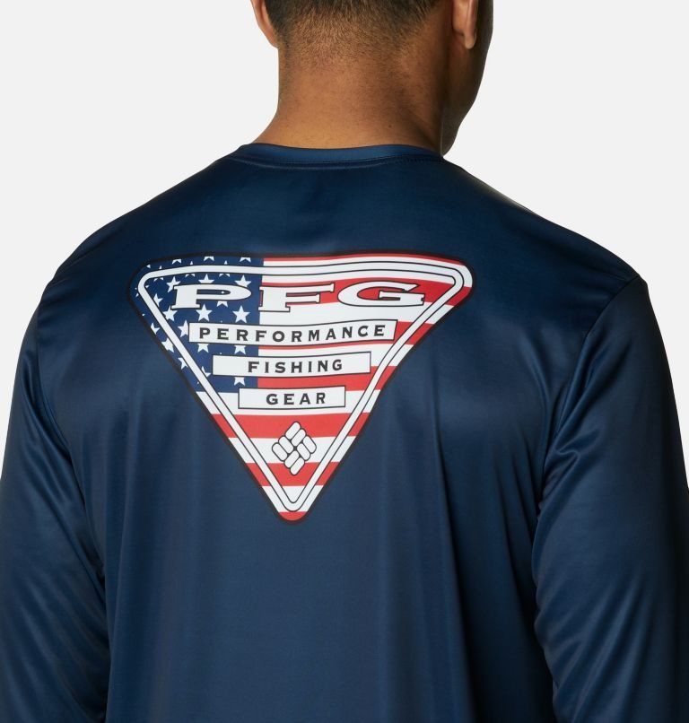 Men's Columbia PFG Terminal Tackle State Triangle Long Sleeve Sweatshirts Navy | CA-V6AC1