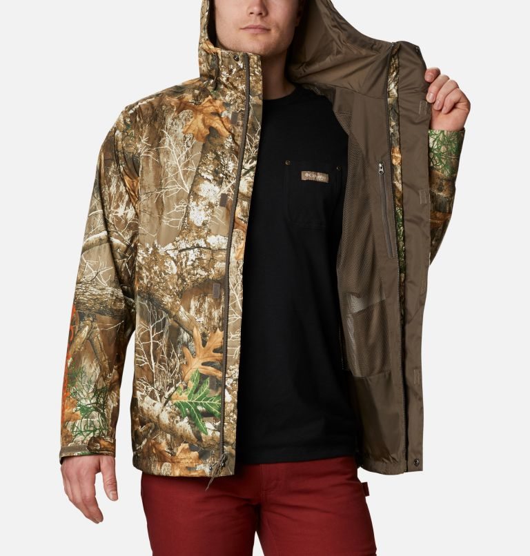 Men's Columbia PHG Camo Rain Jackets Olive | CA-U0CA8