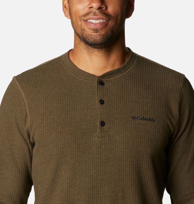 Men's Columbia Pine Peak Waffle Long Sleeve Henley Sweatshirts Dark Brown | CA-V6L81