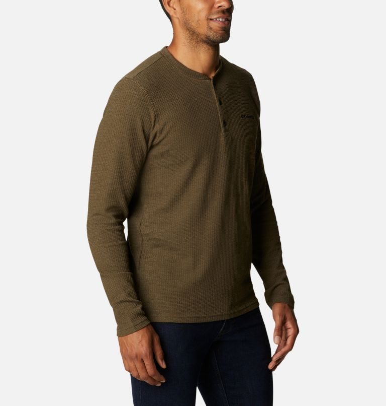 Men's Columbia Pine Peak Waffle Long Sleeve Henley Sweatshirts Dark Brown | CA-V6L81