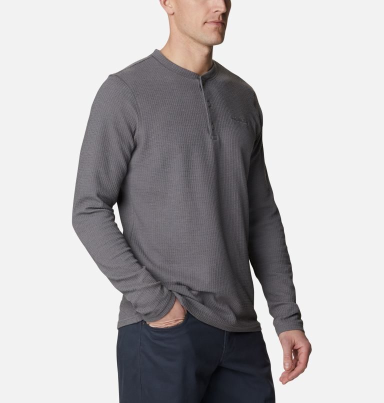 Men's Columbia Pine Peak Waffle Long Sleeve Henley Sweatshirts Grey | CA-Y6A83
