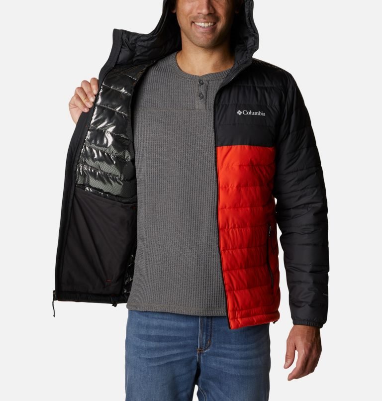 Men's Columbia Powder Lite Hooded Insulated Jackets Black / Red | CA-I6145