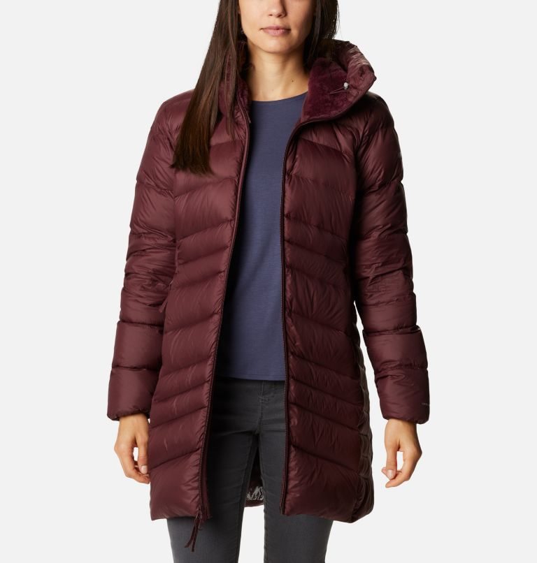 Women\'s Columbia Autumn Park Hooded Mid Down Jackets Burgundy | CA-E6305