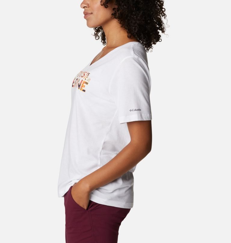 Women's Columbia Bluebird Day Relaxed V-Neck T Shirts White | CA-S46AC