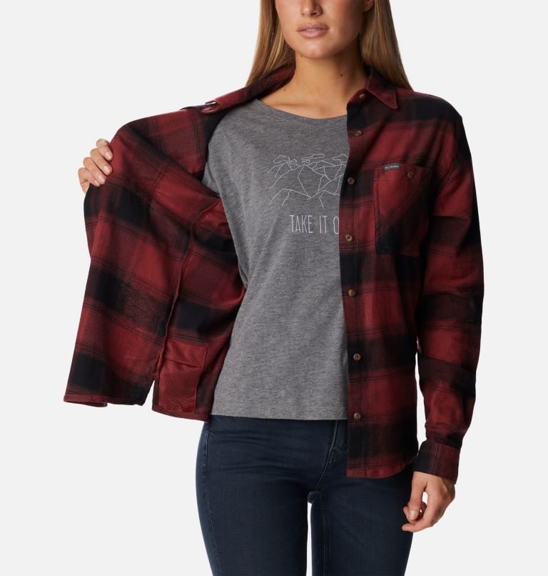 Women's Columbia Clay Hills Stretch Flannel Shirts Red | CA-M8A40