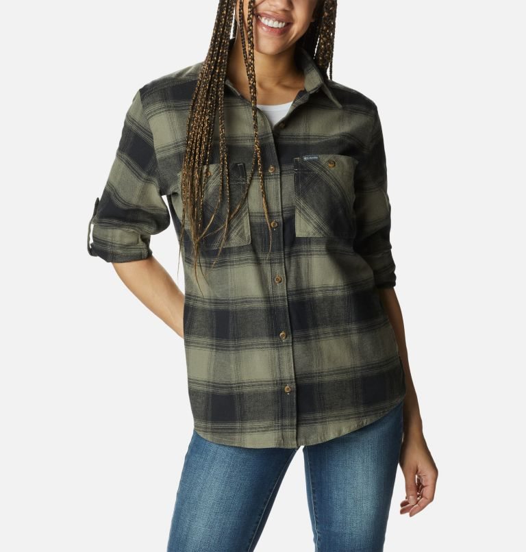 Women's Columbia Clay Hills Stretch Flannel Shirts Olive | CA-N81CA