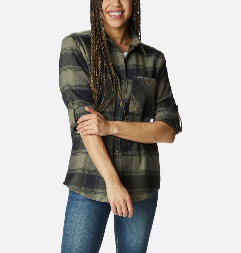 Women's Columbia Clay Hills Stretch Flannel Shirts Olive | CA-N81CA