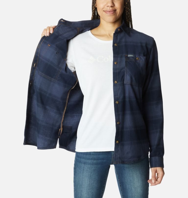Women's Columbia Clay Hills Stretch Flannel Shirts Navy | CA-VA516