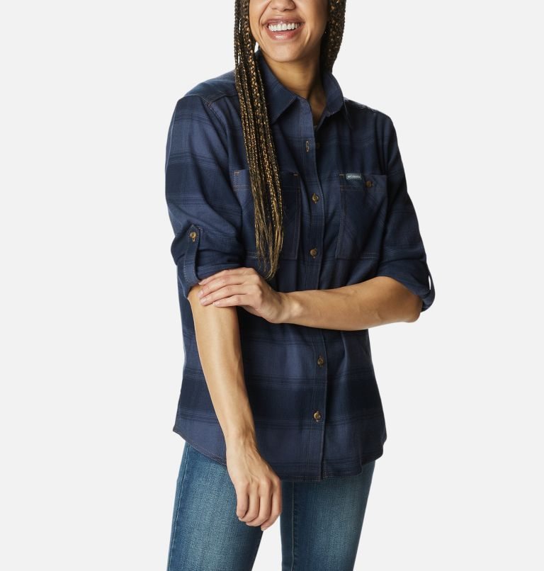 Women's Columbia Clay Hills Stretch Flannel Shirts Navy | CA-VA516