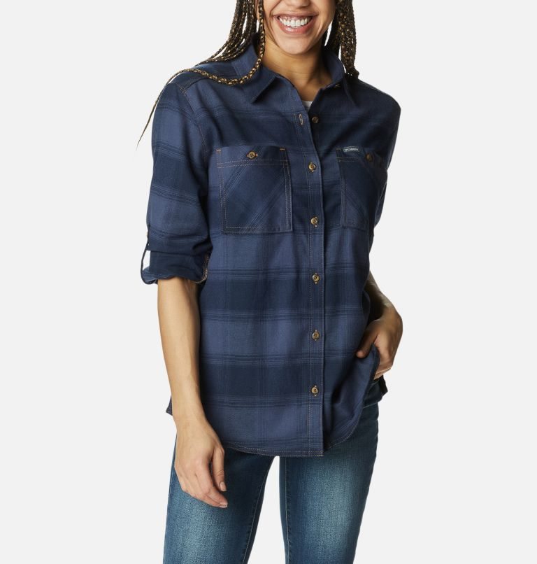 Women's Columbia Clay Hills Stretch Flannel Shirts Navy | CA-VA516