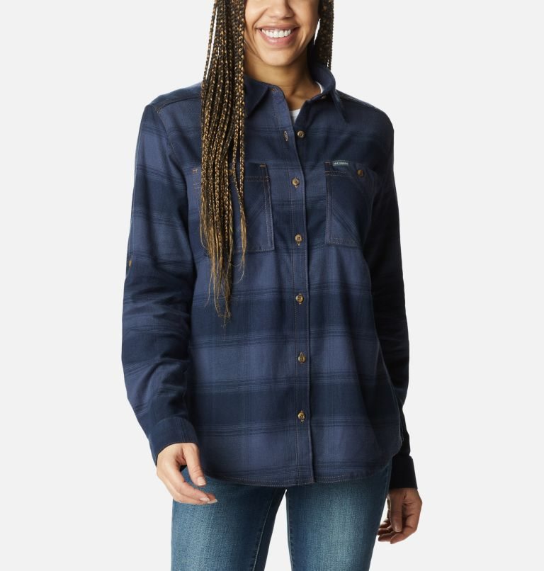 Women\'s Columbia Clay Hills Stretch Flannel Shirts Navy | CA-VA516