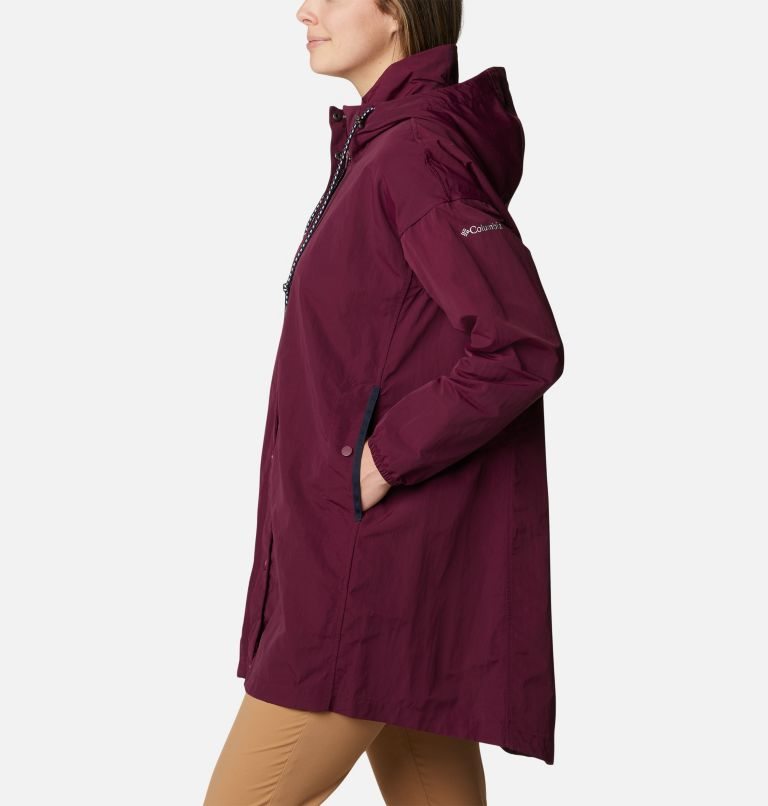 Women's Columbia Day Trippin II Long Rain Jackets Maroon | CA-K8435