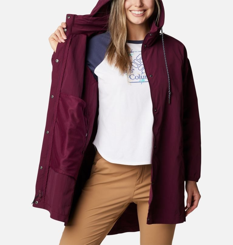 Women's Columbia Day Trippin II Long Rain Jackets Maroon | CA-K8435