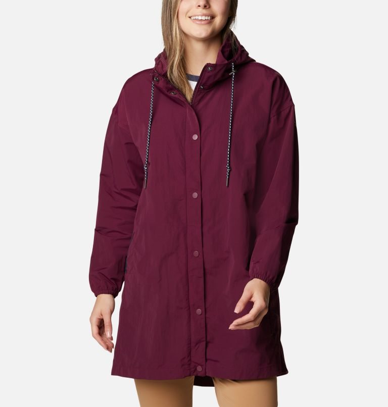 Women\'s Columbia Day Trippin II Long Rain Jackets Maroon | CA-K8435