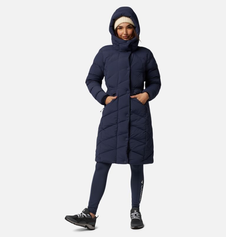 Women\'s Columbia Ember Springs Long Down Jackets Navy | CA-D86A5