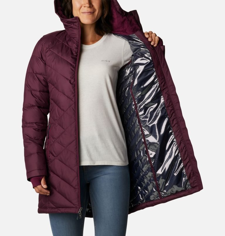 Women's Columbia Heavenly Long Hooded Down Jackets Burgundy | CA-O5CA6