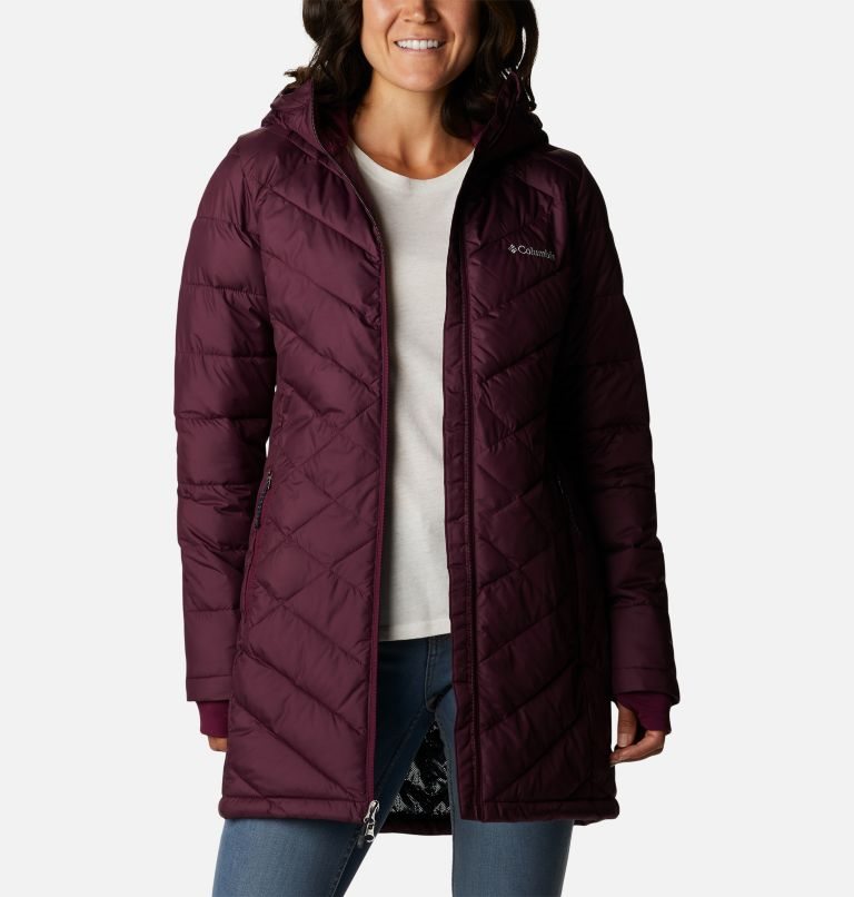 Women's Columbia Heavenly Long Hooded Down Jackets Burgundy | CA-O5CA6