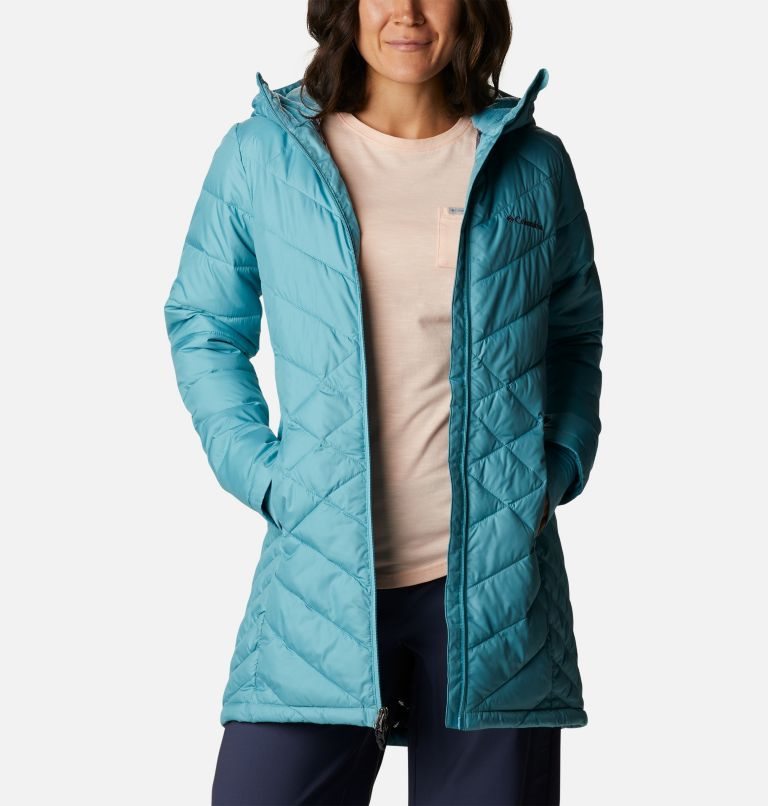Women's Columbia Heavenly Long Hooded Down Jackets Turquoise | CA-T5L41
